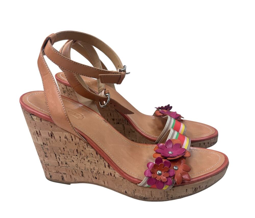 Coach Morgan Wedge Leather Sandals Shoes Flowers Size 8.5